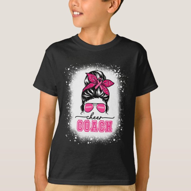 Footll Messy Bun Mama Cheer Coach Brustkrebs Ble T-Shirt (Vorderseite)