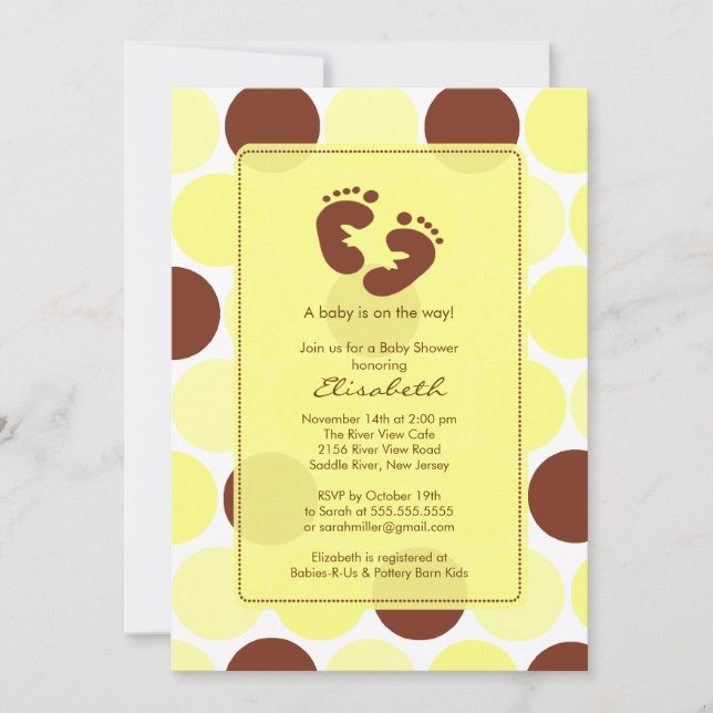 Footprint Baby Dusche Einladung Gelbe Polka Punkte (Vorderseite)