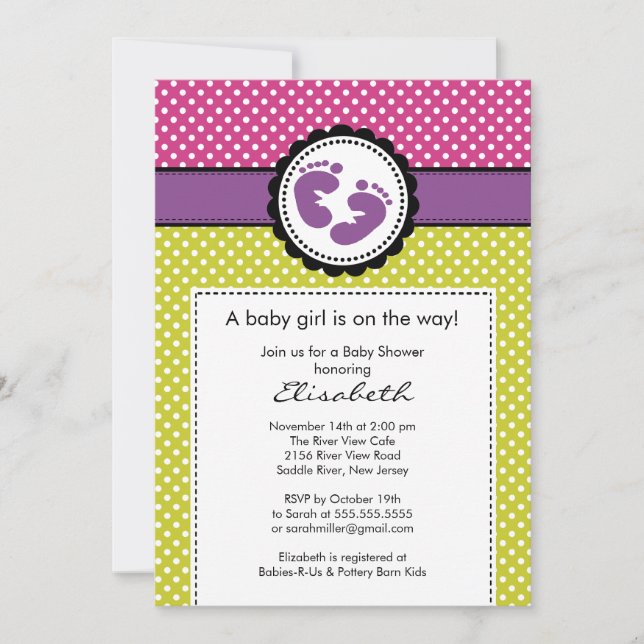 Footprint Baby Shower Einladung Lila Polka Dots (Vorderseite)
