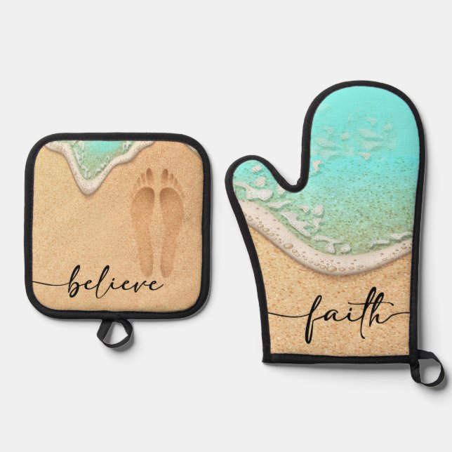 Footprint im Sand-Faith Ofenhandschuh & Topflappen-Set (Vorderseite)