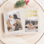 Fop Snapshot Christmas Two Foto Holiday Card Folien Feiertagskarte<br><div class="desc">Fügen Sie Ihren Weihnachtskarten Glanz mit echter Goldfolie, Silber oder Rose! Dieser klassische und zeitlose Metallic-Stil wird Ihre Karten um ein weiteres Level erweitern. Personalisieren Sie Ihre Lieblings-Fotos, Weihnachtsgrüße und Ihren Familiennamen! Die Vorderseite dieser Karte hat einen Hintergrund aus rustikalem Holz, es gibt zwei Fotos mit Streifen von Band, um...</div>