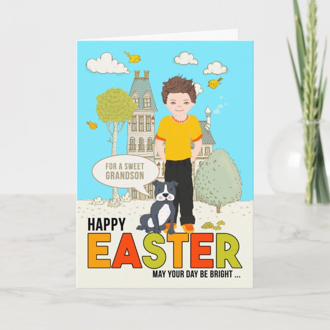 for a Young Grandson on Easter Caucasian Boy Dog Karte (Vorderseite)