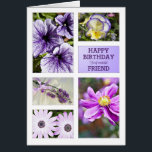 For friend, Lavender hues floral birthday card<br><div class="desc">A garden of flowers in lavender hues and shades. A collection of beautiful flowers including lavender,  petunia,  pansy,  cape daisy,  and Japanese anemone.. A birthday card for a wonderful friend. A modern take on a traditional look. Inside the card is a lovely verse. Copyright Norma Cornes</div>