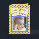 For kids 1 year old little boy birthday greeting karte<br><div class="desc">Personalize this blue and yellow,  with stars,  photo card for a little boy's Birthday. The age shown is for a 1 year old,  but the age and all text can be changed.

**Samplephoto©Lynnrosedesigns**</div>