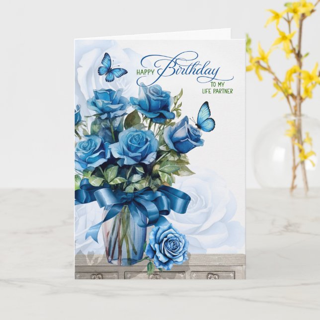 for Life Partner Birthday Vase of Blue Roses Karte (Gelbe Blume)