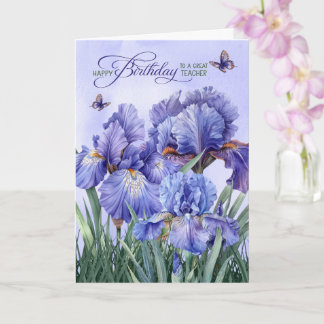 for Teacher Purple Iris with Butterflies Birthday Karte