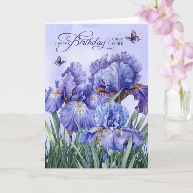 for Teacher Purple Iris with Butterflies Birthday Karte (Orchidee)