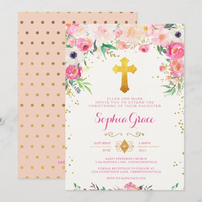 Foral et Gold Cross Christening Invitation (Devant / Derrière)