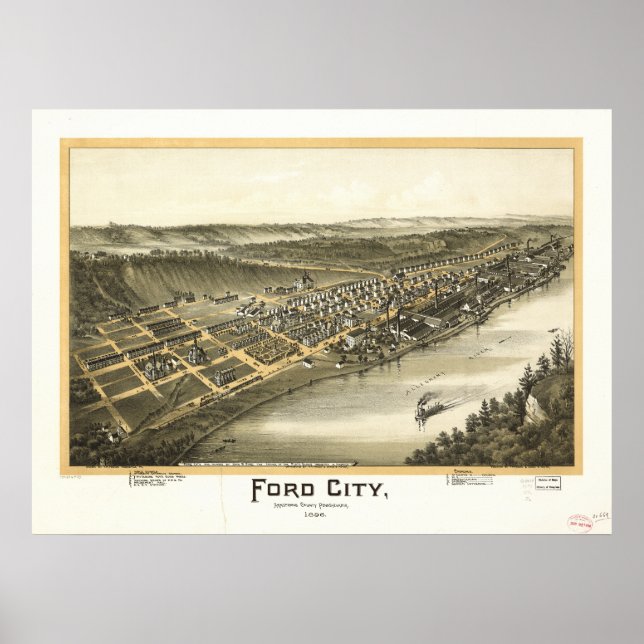 Ford City Pennsylvania 1896 Antique Panoramic Map Poster (Vorne)