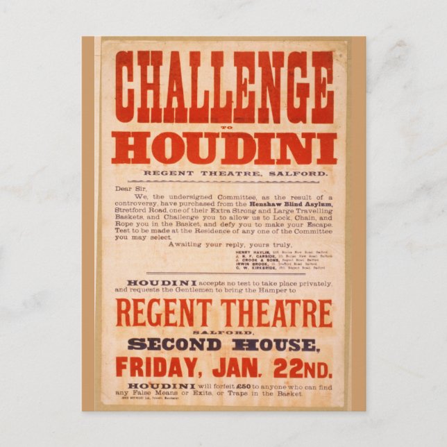 Fordere Houdini heraus Postkarte (Vorderseite)
