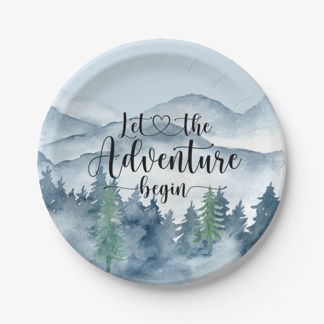 Forest Adventure Mountains Blue Baby Dusche Pappteller (Vorderseite)