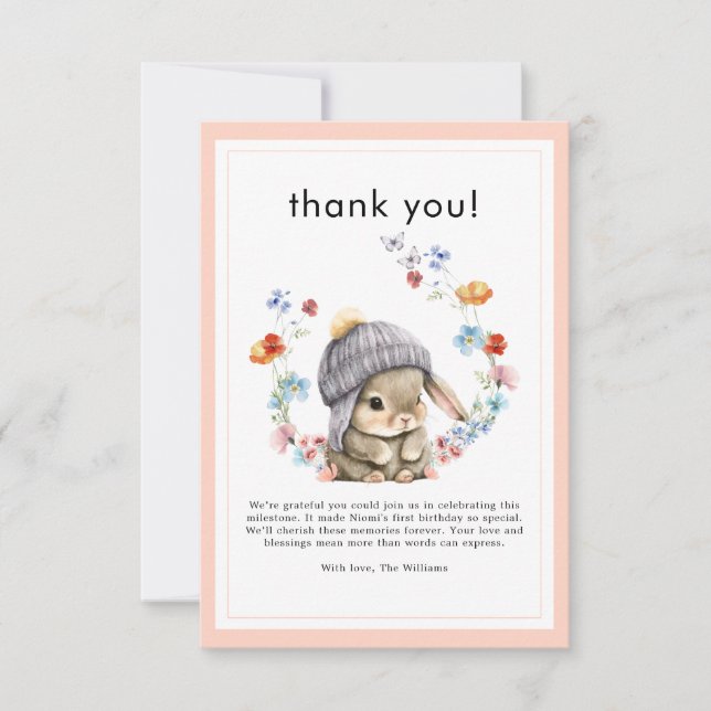 Forest Animal Bunny Botanical 1st Birthday  Dankeskarte (Vorderseite)
