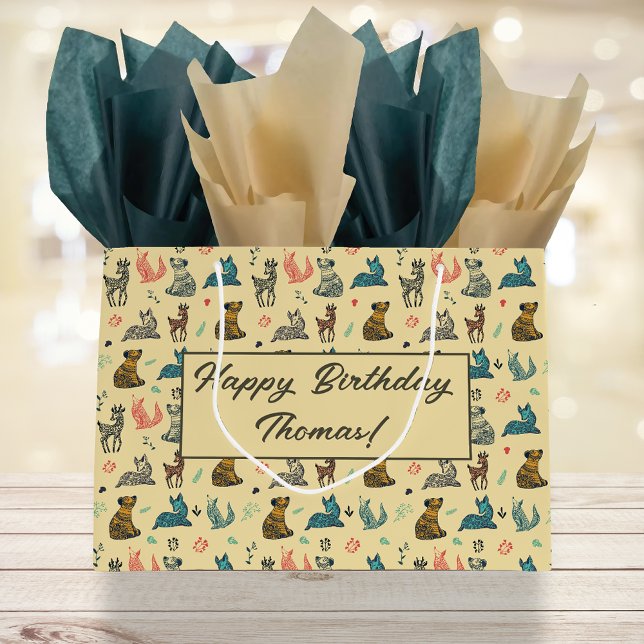 Forest Animal Doodle Muster | Gelb Große Geschenktüte (Von Creator hochgeladen)