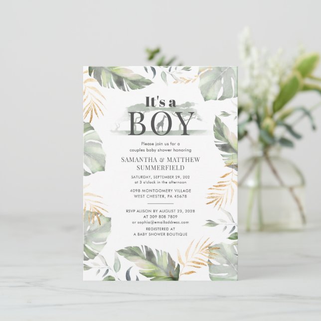 Forest Animal Jungle Couples Boys Babydusche Einladung (Stehend Vorderseite)