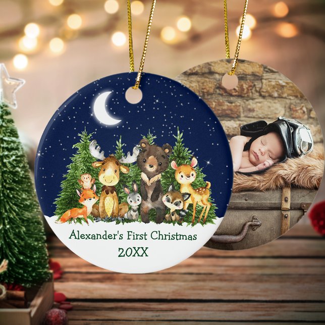 Forest Animals Baby First Christmas - FOTO BACK Keramik Ornament (Customize with name, year and photo on back.)