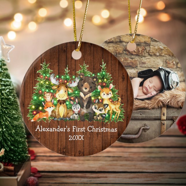 Forest Animals Lights Baby First Christmas FOTO Keramik Ornament (Customize with name, year and photo on back.)