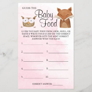Forest Animals Ratet Baby Food Dusche Spielkarte Flyer