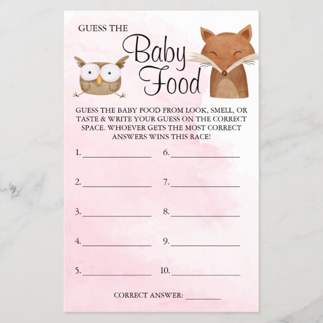 Forest Animals Ratet Baby Food Dusche Spielkarte Flyer (Vorne)