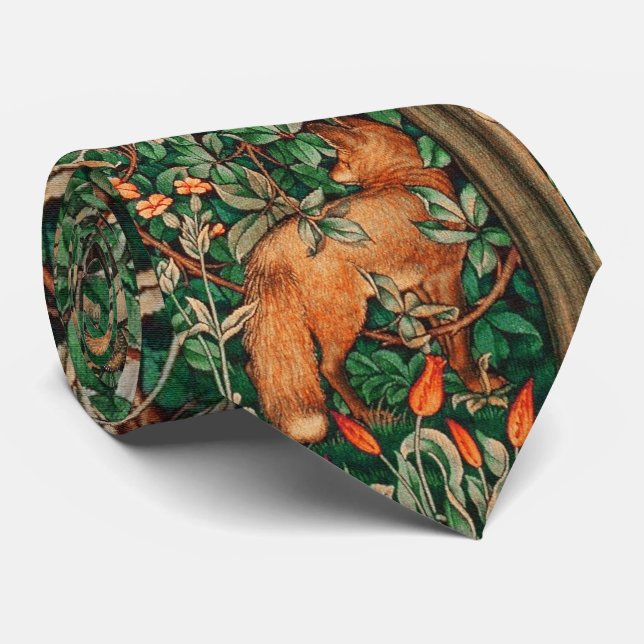 FOREST ANIMALS Red Fox, Pheasat Green Floral Krawatte (Gerollt)
