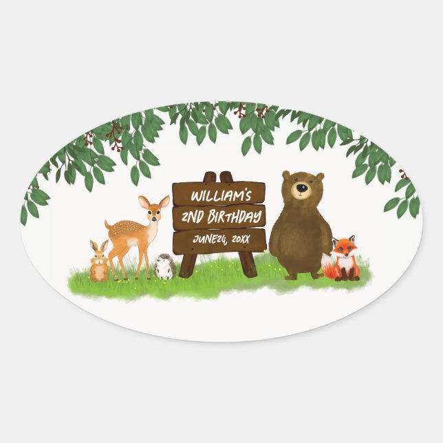 Forest Animals Rustic Woodland Kid's Birthday Ovaler Aufkleber (Vorderseite)