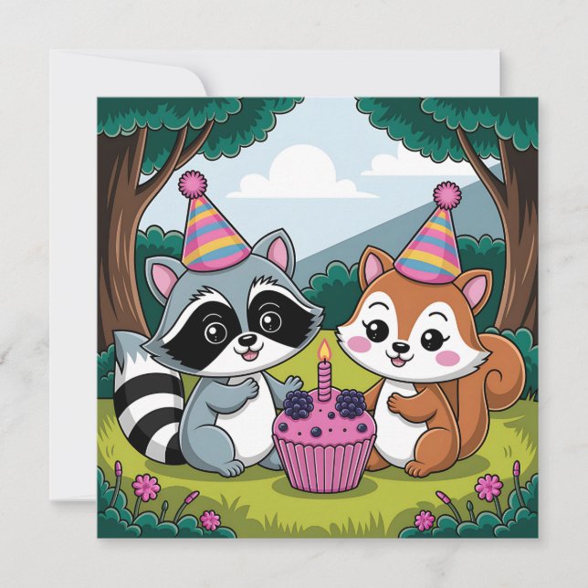 Forest Animals Themed Girl's First Birthday Einladung (Vorderseite)
