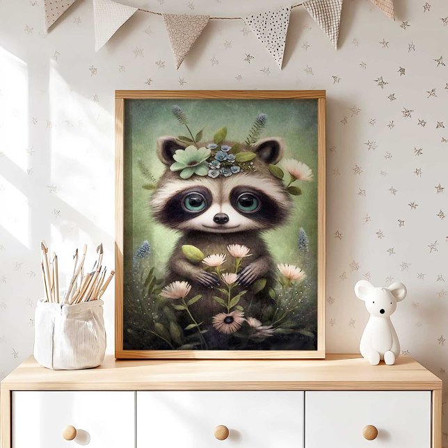 Forest Baby Raccoon Blume | Raccoon Wall Print Poster (Boho Woodland Raccoon Wall Art for Nursery by TinkPrints.)