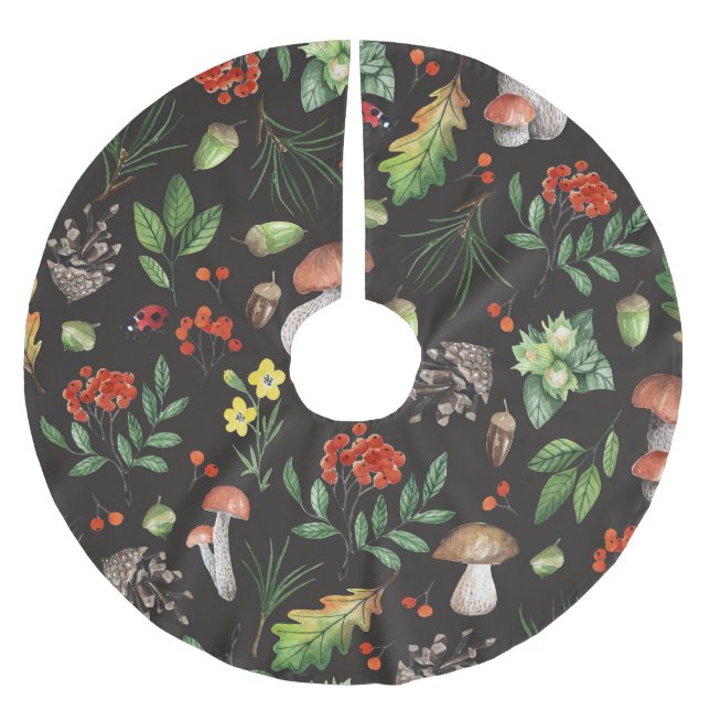 Forest Bounty: Aquarellfarben-Pilzmuster Polyester Weihnachtsbaumdecke (Vorderseite)