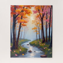 Forest Creek | Herbstlaub Wasserfarbenlandschaft