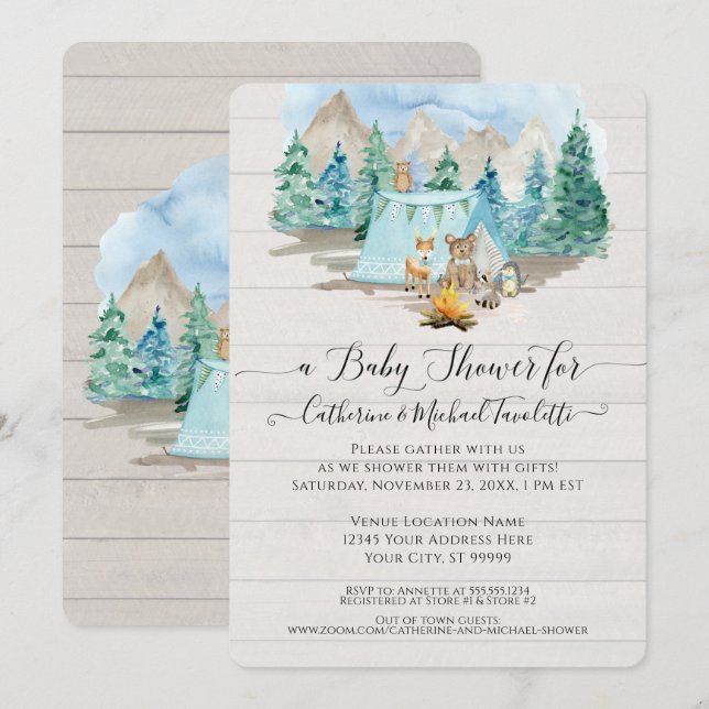 Forest Deer Bear Watercolor Kinderdusche Einladung (Vorne/Hinten)