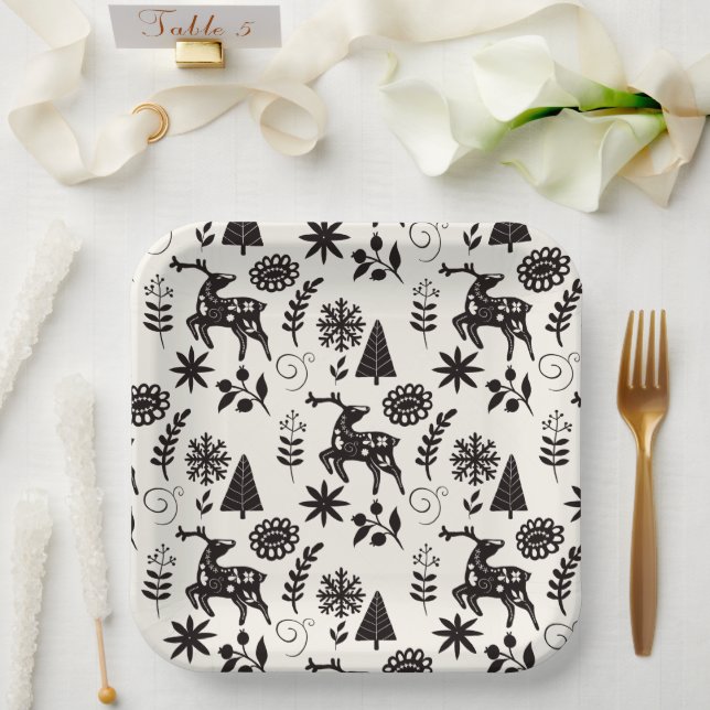Forest Deer Folk Art Black and White Pappteller (Hochzeit)