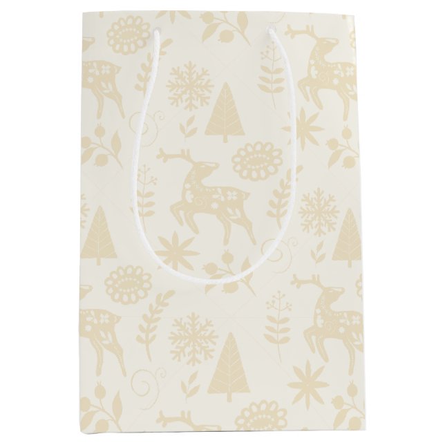Forest Deer Folk Art Ivory Gift Bag Mittlere Geschenktüte (Vorderseite)