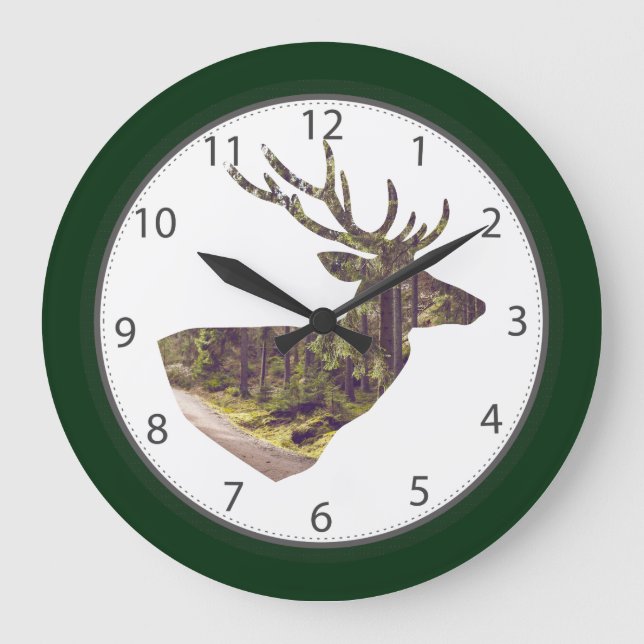 Forest Deer Head Forest Green Große Wanduhr (Vorderseite)