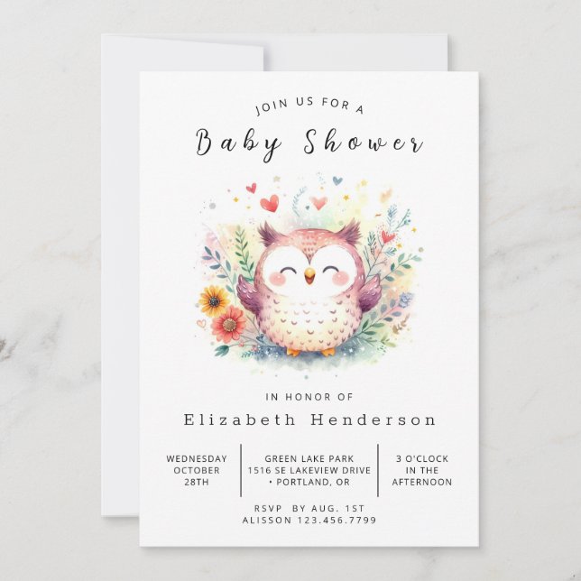 Forest Editable Owl Baby Dusche Einladung (Vorderseite)
