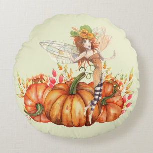 Forest Fairy & Autumn Pumpkin Bouquet Rundes Kissen