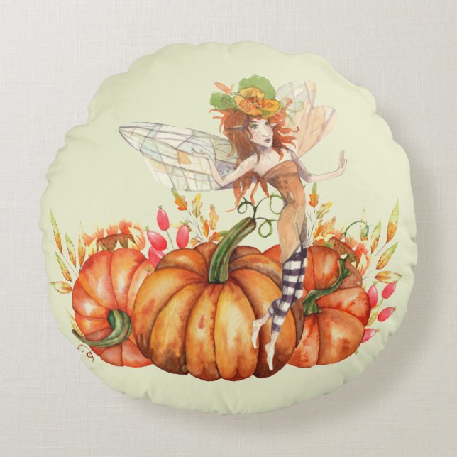 Forest Fairy & Autumn Pumpkin Bouquet Rundes Kissen (Vorderseite)