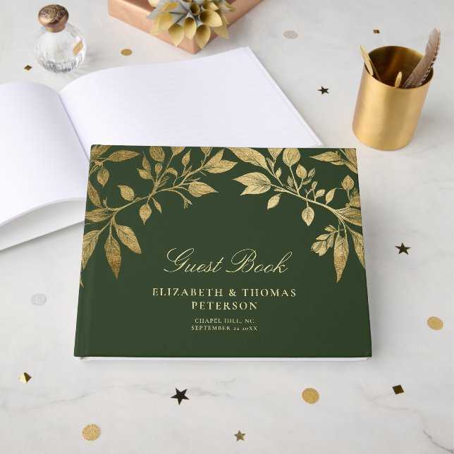 Forest Foliage Botanical Elegant Script Wedding Gästebuch (Vorderseite Offen)