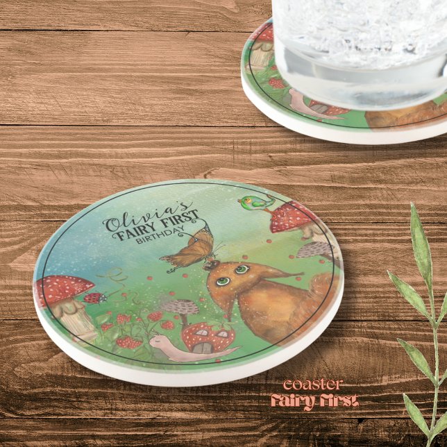 Forest Fox , Snail Fairy erster Geburtstag Getränkeuntersetzer (Forest Fox , Snail Fairy First Birthday Coaster)