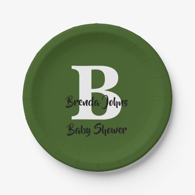 Forest Green Baby Dusche Monogram Jungle Thema Pappteller (Vorderseite)