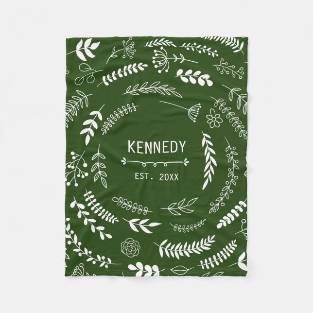 Forest Green Blätter Floral Monogram Muster Fleecedecke (Vorderseite)