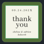 Forest Green Border Simple Gastgeschenk Hochzeit Quadratischer Aufkleber<br><div class="desc">Mit dieser einfachen,  textbasierten Gastgeschenk Hochzeit machen Sie eine Erklärung von schlichter Eleganz und bedanken sich bei einem Aufkleber mit einer Grenze von reichhaltigem Waldgrün und einem kleinen Akzent von Kelly Green. Verwenden Sie die Anpassungsoption,  um die Farben und Schriftart zu ändern,  um Ihr Hochzeitstil Anzug zu geben.</div>