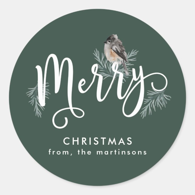 Forest Green Christmas mit gemütlichem Vogel Urlau Runder Aufkleber (Vorderseite)
