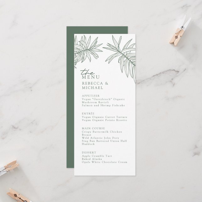 Forest Green Elegant Botanique Mariage Menu (Devant/Arrière en situation)