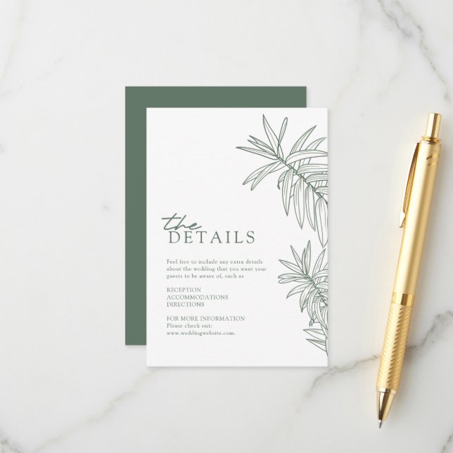 Forest Green Elegant - Details zu botanischen Blät Begleitkarte (Vorderseite/Rückseite Beispiel)