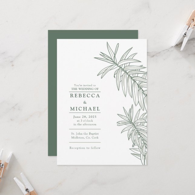 Forest Green Elegant Minimalistisch Botanisch Einladung (Vorderseite/Rückseite Beispiel)
