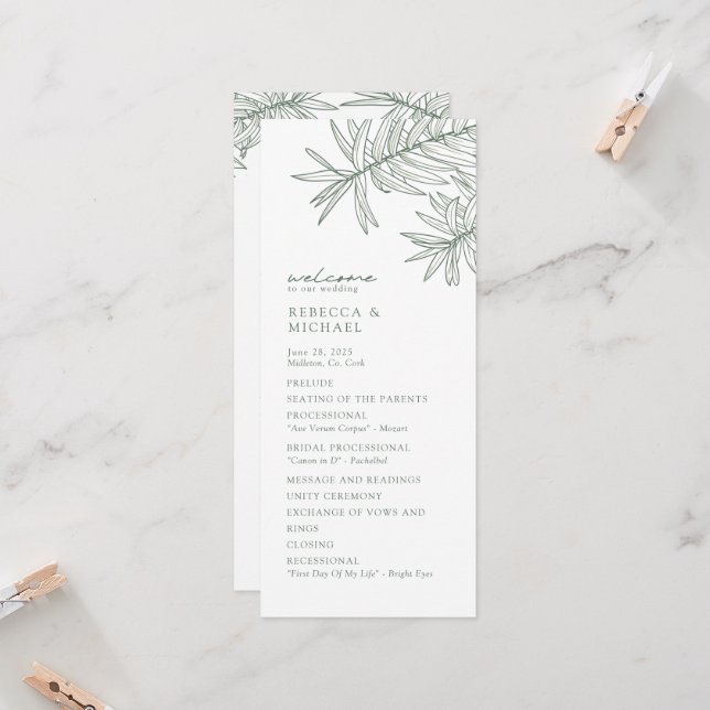 Forest Green Eleganto Botanical Wedding Program (Vorderseite/Rückseite Beispiel)