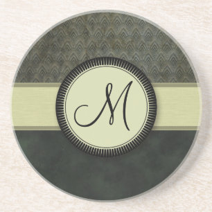 Forest Green-Feder-Muster mit Monogramm Getränkeuntersetzer