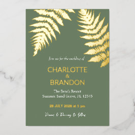 Forest Green Ferns Outdoor Wedding Gold Folieneinladung
