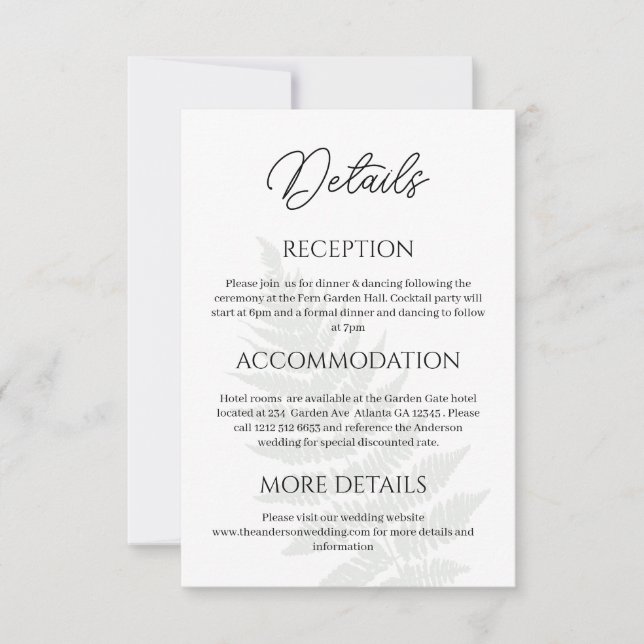 Forest Green Ferns Wedding Details Enclosure Card Dankeskarte (Vorderseite)