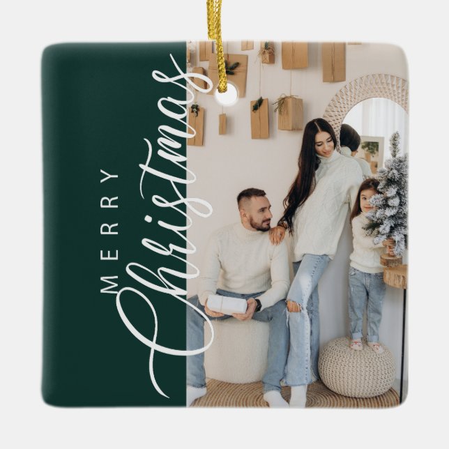 Forest Green Frohe Weihnachts-Foto Keramikornament (Vorderseite)