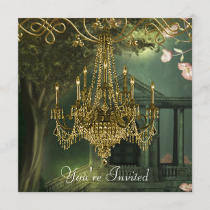 Forest Green Gold Chandelier Party Einladungen